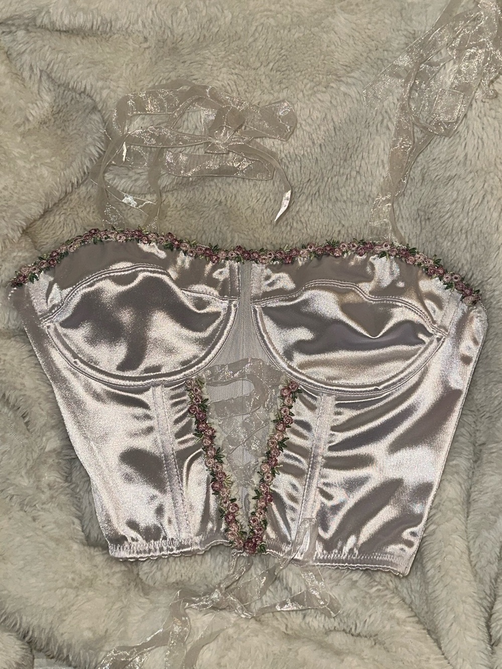 Sugar Thrillz by Dolls Kill Satin White Floral-Trim Bustier Corset Top - Women - Picture 3 of 5